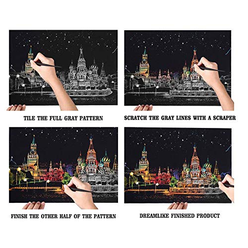 Magic Scratch Rainbow Art Paper Nightscape Dream Castle Patrón DIY Tablero De Pintura Bloc De Notas con la Herramienta Stylus De Madera Niños Estudiantes Adultos