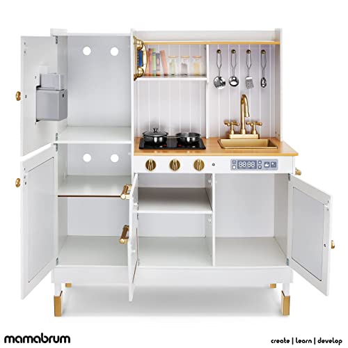 Mamabrum Cocina de juego Interactiva para Niños - 88 × 30 × 103 CM- Iluminación LED XL Cocina de Madera, accesorios- Juego de rol, Juguete con Luz y Sonido - 2 Niveles de altura 89 cm y 103 cm