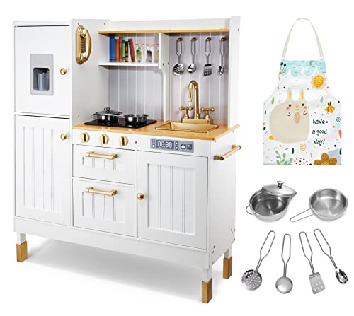 Mamabrum Cocina de juego Interactiva para Niños - 88 × 30 × 103 CM- Iluminación LED XL Cocina de Madera, accesorios- Juego de rol, Juguete con Luz y Sonido - 2 Niveles de altura 89 cm y 103 cm