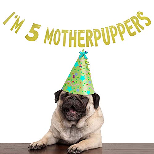 Maplelon Motherpuppers - Cartel de cumpleaños con texto en inglés "I'm 5 Motherpuppers, con purpurina, para el quinto cumpleaños del perro