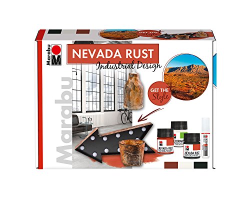 Marabu 1271000000080 – Juego de pintura acrílica efecto óxido Nevada Rust Industrial, a base de agua, resistente a la luz, a la intemperie, secado rápido, 3 x 50 ml de pintura, Liner, esponja y pincel