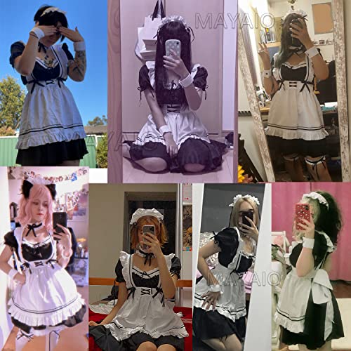 MAYAIO Anime francés Sissy Maid Delantal Lolita Fancy Dress Uniforme Cosplay Disfraz Peludo Gato Oreja Guantes Calcetines Conjunto Completo (Grande, Negro)