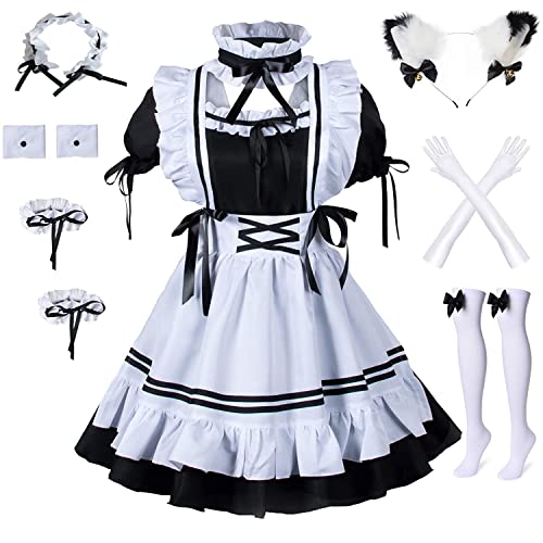 MAYAIO Anime francés Sissy Maid Delantal Lolita Fancy Dress Uniforme Cosplay Disfraz Peludo Gato Oreja Guantes Calcetines Conjunto Completo (Grande, Negro)