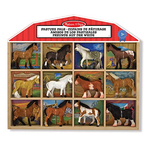 Melissa & Doug Juego de caballos Amigos de los pastizales (12 caballos coleccionables, con cajón de madera con forma de establo)