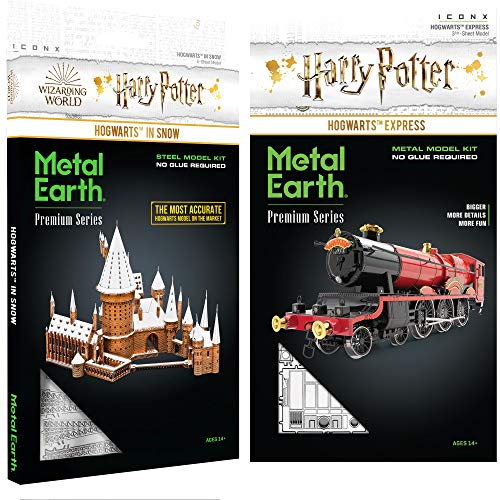 Metal Earth Fascinations Premium Series 3D - Juego de 2 modelos de metal (castillo de Hogwarts en nieve y tren expreso)