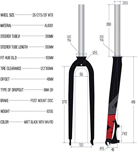 MGE Suspensión Tenedor, 1-1/8 '' Completa de Fibra de Carbono Tubo Recto Duro del Freno de Disco de 100 mm Compatible con 26/27,5/29 Ruedas (Color : A, Size : 26inch)