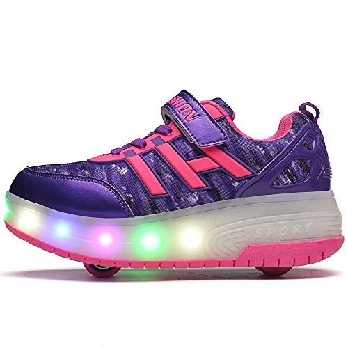 Miarui Zapatillas con Ruedas Led Luz Automática de Skate Zapatillas Zapatos con Ruedas Brillante Zapatillas Recargable Zapatillas Automática Ruedas Ajustables,Purple,31