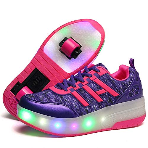 Miarui Zapatillas con Ruedas Led Luz Automática de Skate Zapatillas Zapatos con Ruedas Brillante Zapatillas Recargable Zapatillas Automática Ruedas Ajustables,Purple,31