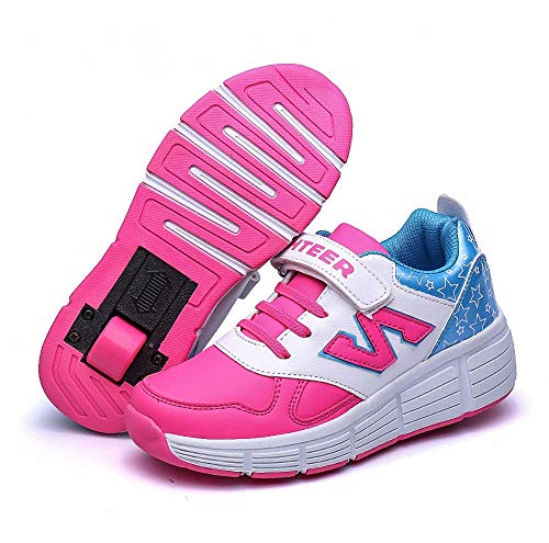 Miarui Zapatillas con Ruedas Zapatillas de Skate con Ruedas Automática Calzado de Skateboarding Gimnasia Zapatillas Deportes Zapatos con Automática Ruedas Ajustables para Niños Niñas,Rosado,31