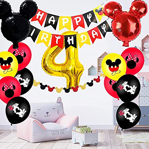 Mickey Minnie Themed - Decoración de cumpleaños con globos de Mickey Themed para fiestas, globos rojos y negros para niñas, diadema, con pancarta de Happy Birthday, 4 globos