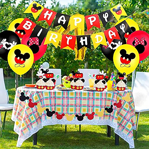 Mickey Minnie Themed - Decoración de cumpleaños con globos de Mickey Themed para fiestas, globos rojos y negros para niñas, diadema, con pancarta de Happy Birthday, 4 globos