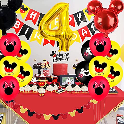 Mickey Minnie Themed - Decoración de cumpleaños con globos de Mickey Themed para fiestas, globos rojos y negros para niñas, diadema, con pancarta de Happy Birthday, 4 globos