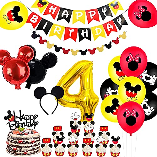 Mickey Minnie Themed - Decoración de cumpleaños con globos de Mickey Themed para fiestas, globos rojos y negros para niñas, diadema, con pancarta de Happy Birthday, 4 globos