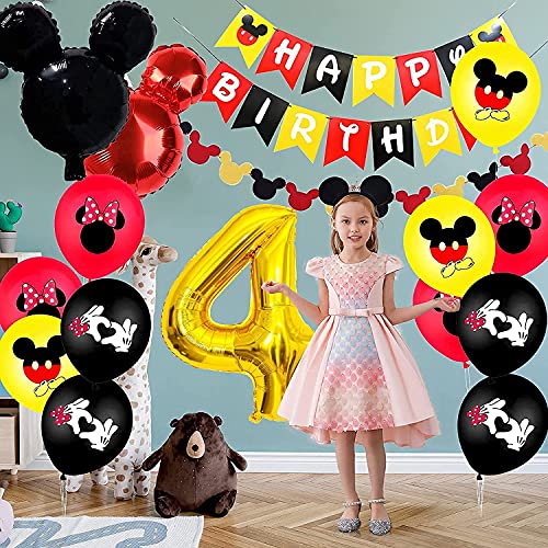 Mickey Minnie Themed - Decoración de cumpleaños con globos de Mickey Themed para fiestas, globos rojos y negros para niñas, diadema, con pancarta de Happy Birthday, 4 globos