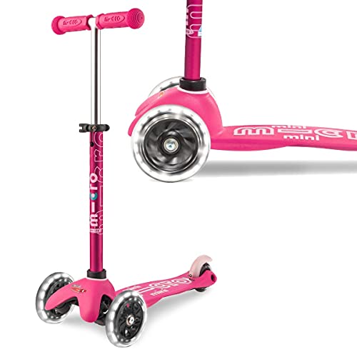 Micro® Mini Deluxe LED, Original Design 2-5 Años, Peso 1,95kg, Carga Máx 50Kg, Altura 48-68 cm, Patinete 3 Ruedas con iluminación LED, Rodamientos ABEC9, Plataforma Antideslizante (Única, Rosa)