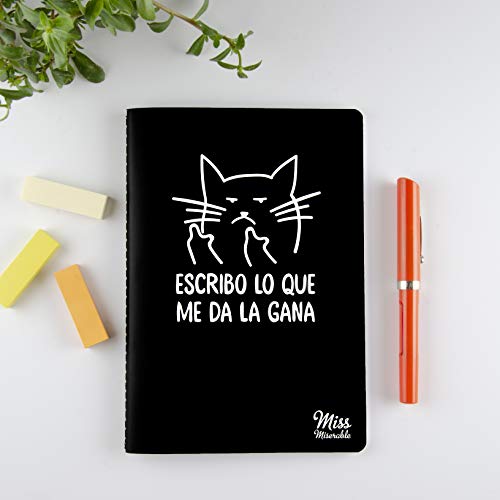 Milimetrado 105132 Miss Miserable - Cuaderno A5 Gato macarra - Regalo práctico con frases graciosas, negro con ilustración en blanco