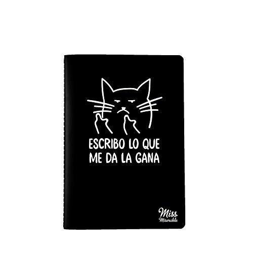 Milimetrado 105132 Miss Miserable - Cuaderno A5 Gato macarra - Regalo práctico con frases graciosas, negro con ilustración en blanco