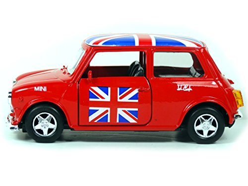 Mini Cooper Model (Red) with Union Jack Top Made of Die Cast Metal and Plastic Parts, Pull Back & Go Action Toy - 384R by Welly