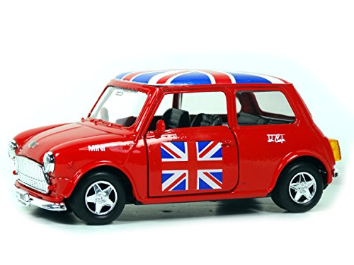 Mini Cooper Model (Red) with Union Jack Top Made of Die Cast Metal and Plastic Parts, Pull Back & Go Action Toy - 384R by Welly