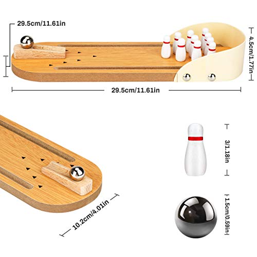 Mini Juego de Bolos de Madera con Canales Laterales. Bolos de Escritorio. Incluye 9 Bolos, Pista y Bola de Metal. Juego de Bolos Ideal para niños o Adultos