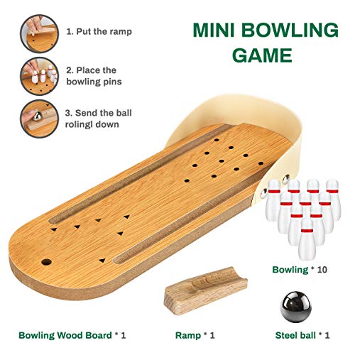 Mini Juego de Bolos de Madera con Canales Laterales. Bolos de Escritorio. Incluye 9 Bolos, Pista y Bola de Metal. Juego de Bolos Ideal para niños o Adultos