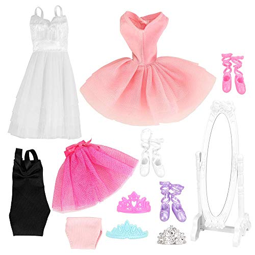 Miunana 10 Accesorios para 11.5 Pulgadas 28 - 30 CM Muñecas: 3 Ropas Vestidos De La Bailarina (Blanco + Rosa + Púrpura Negro) + 3 PCS Zapatos De La Bailarina + 3 Coronas De Princesa + Espejo