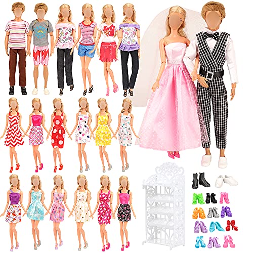 Miunana 23 Accesorios para Niñas Dolls Y Ninos Dolls Muñecas : 4 Ropas + 3 Vestidos + 10 Zapatos para Muñecas Ninas + 3 Ropas para Niños Muñecas + Zapatero