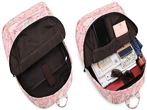 Mochila para niñas Bolso Escolar Unicornio Niños Lindos Ligero Escuela Secundaria Intermedia Bolsas de Libros con Estuche de lápices (3-Rosa 3PC)