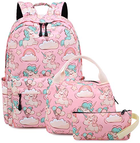 Mochila para niñas Bolso Escolar Unicornio Niños Lindos Ligero Escuela Secundaria Intermedia Bolsas de Libros con Estuche de lápices (3-Rosa 3PC)