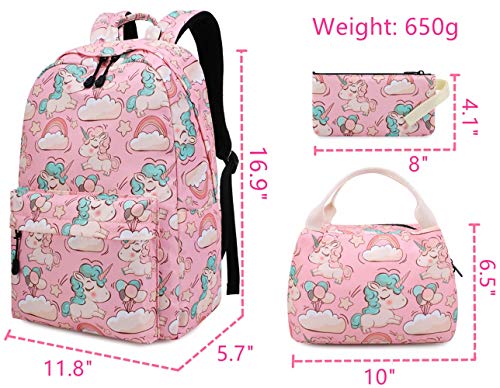 Mochila para niñas Bolso Escolar Unicornio Niños Lindos Ligero Escuela Secundaria Intermedia Bolsas de Libros con Estuche de lápices (3-Rosa 3PC)