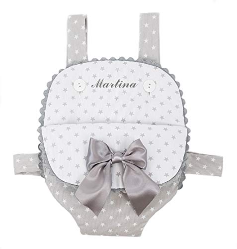 Mochila portabebes para muñecas PERSONALIZADOS. Varios modelos y tamaños disponibles. Fabricado en España (Estrellas Gris, Tamaño grande)