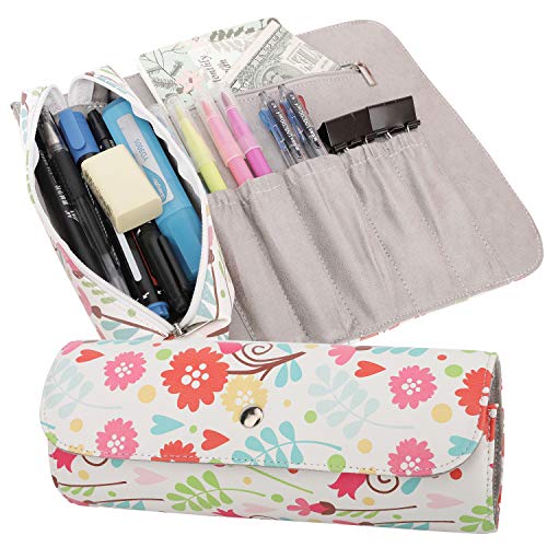 MoKo Estuche Enrollable/Bolsa de Maquillaje, Organizador de PU de Lápiz con 1 Bolsa de Lápiz Extraíble, 5 Ranuras, 1 Bolsillo con Cremallera & Hebilla Magnética para Oficina, Escuela, Hogar - Floral