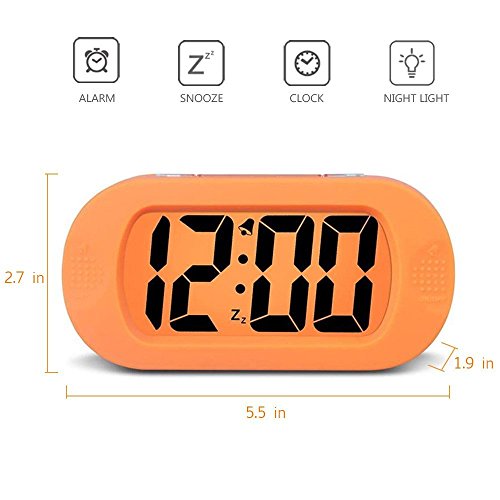 Moon mood Digital Despertador Reloj para Niños, Simple Reloj Silencioso Digital LCD Grande Pantalla Snooze/Light Baterias Powered con Cubierta Protectora de Silicona Digital Despertador Naranja