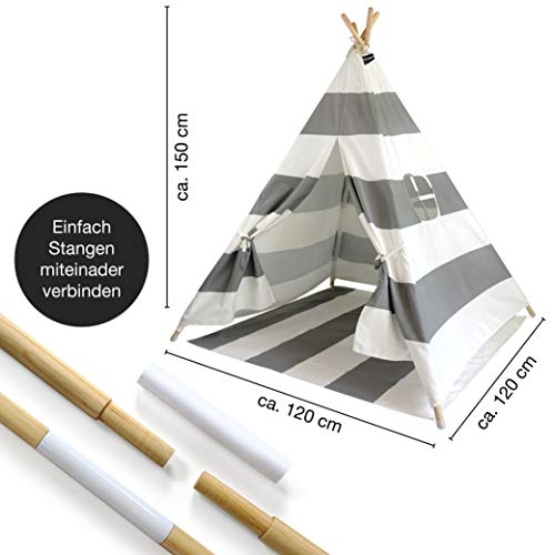 Moritz & Moritz Tipi Infantil - Tippy Tienda Infantil - Tipi para Niños - Tipi Indio para Niños con Cubierta de Suelo y Ventana - para Casa y Jardín (Rayas Grises)