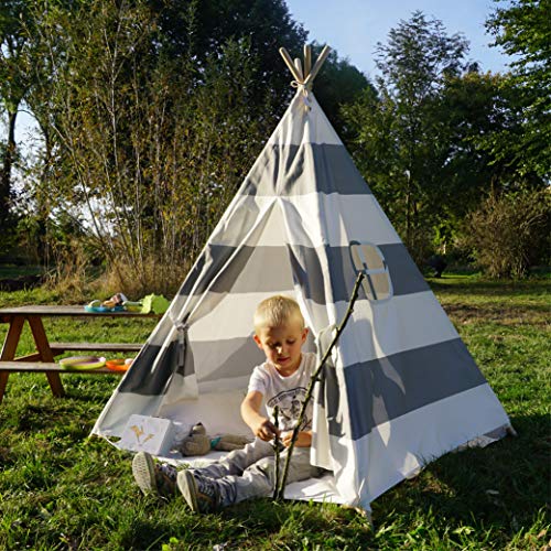 Moritz & Moritz Tipi Infantil - Tippy Tienda Infantil - Tipi para Niños - Tipi Indio para Niños con Cubierta de Suelo y Ventana - para Casa y Jardín (Rayas Grises)