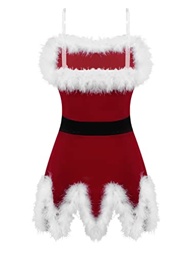 MSemis Disfraz de Mamá Noel de Fiesta Navidad Vestido Princesa Corto de Danza Actuaciones Vestido Navideño con Pompones Ropa Navidad Niña Rojo 11-12 años