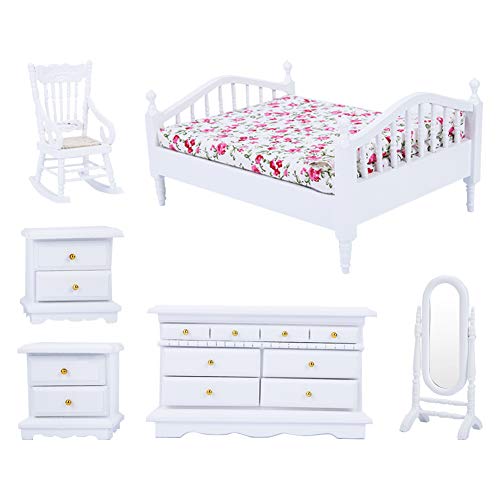 Muebles de dormitorio de casa de muñecas, 1:12 6 piezas Mini dormitorio principal de madera accesorios de casa de muñecas juego de juego