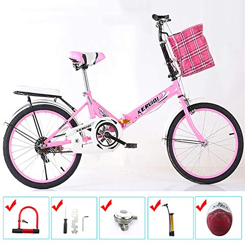 Mujeres Viajero Bicicleta Plegable,Altura Ajustable Bicicleta De Confort Para Los Jinetes Principiantes,Con Cesta Y Asiento Trasero,Con Frenos Delanteros Y Traseros,Velocidad única Bicicleta-Rosa 20in