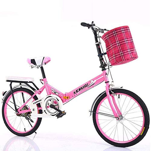 Mujeres Viajero Bicicleta Plegable,Altura Ajustable Bicicleta De Confort Para Los Jinetes Principiantes,Con Cesta Y Asiento Trasero,Con Frenos Delanteros Y Traseros,Velocidad única Bicicleta-Rosa 20in