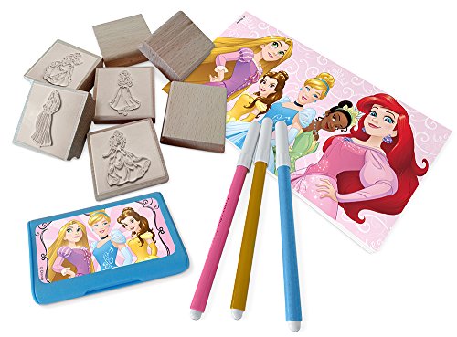 Multiprint Valija 7 Sellos para Niños Disney Princess, 100% Made in Italy, Set Sellos Niños Persolanizados, en Madera y Caucho Natural, Tinta Lavable no Tóxica, Idea de Regalo, Art.07660