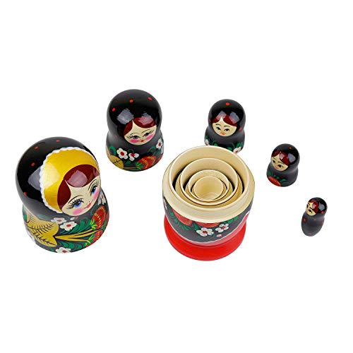 Muñecas Rusas, 5 Matrioskas de Estilo Hohloma | Muñeca Babushka de Madera, Negra con Diseño de Hojas Doradas y Frutos Rojos, Hecha a Mano en Rusia | Hohloma, 5 Piezas, 17 cm