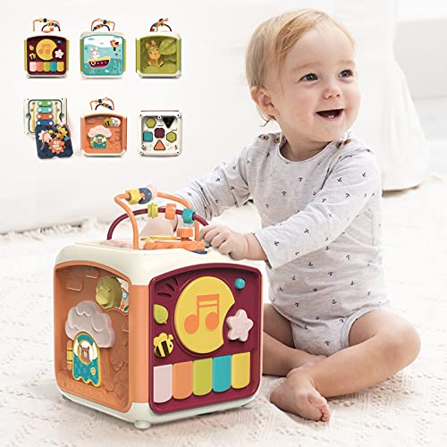 Música Cubo de Actividades para bebés, 7 en 1 Cubo Multiactividades para Explorar Juguete Laberinto Educativo Regalo Forma Sorter Activity Cube con luces y musica para Bebés Niños 15*15*15CM