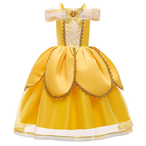 MYRISAM Disfraz de Carnaval Vestidos de Princesa Belle para Niñas Traje de Halloween Navidad Cumpleaños Fiesta Ceremonia Aniversario Cosplay Bella y Bestia Costume con Accesorios 5 años