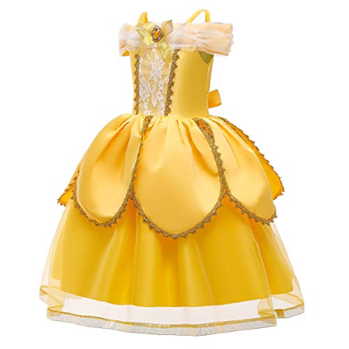 MYRISAM Disfraz de Carnaval Vestidos de Princesa Belle para Niñas Traje de Halloween Navidad Cumpleaños Fiesta Ceremonia Aniversario Cosplay Bella y Bestia Costume con Accesorios 5 años