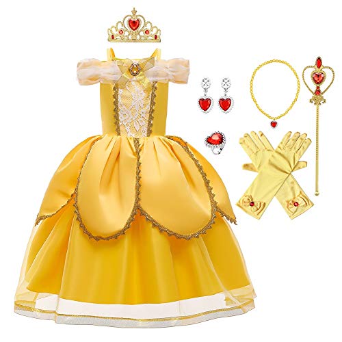 MYRISAM Disfraz de Carnaval Vestidos de Princesa Belle para Niñas Traje de Halloween Navidad Cumpleaños Fiesta Ceremonia Aniversario Cosplay Bella y Bestia Costume con Accesorios 5 años