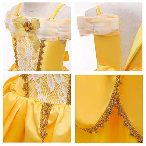 MYRISAM Disfraz de Carnaval Vestidos de Princesa Belle para Niñas Traje de Halloween Navidad Cumpleaños Fiesta Ceremonia Aniversario Cosplay Bella y Bestia Costume con Accesorios 5 años