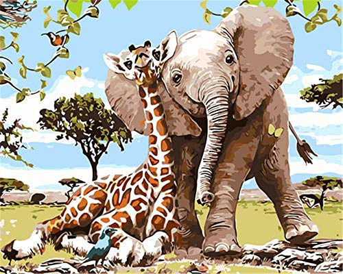 N\A DIY Pintar por Numeros para Adultos Niños - Pintura por Números con Pinceles Y Pinturas - Jirafa Y Elefante Bebé