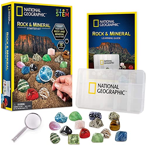 National Geographic - Kit de Descubrimiento de Rocas y minerales, 15 Rocas y minerales para coleccionar y observar, Caja de Almacenamiento incluida, Juego científico y Educativo, Stem