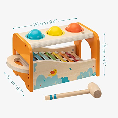 Navaris Juego musical de madera - Set de 1x xilófono de percusión y 1x juguete con martillo y 3 bolas - Instrumentos musicales para niños +18 meses