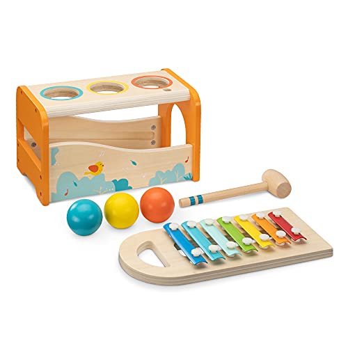 Navaris Juego musical de madera - Set de 1x xilófono de percusión y 1x juguete con martillo y 3 bolas - Instrumentos musicales para niños +18 meses